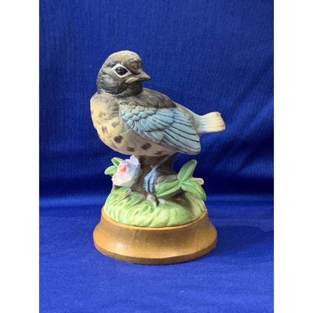Josef Originals Blue Bird On Wood Base Figurine